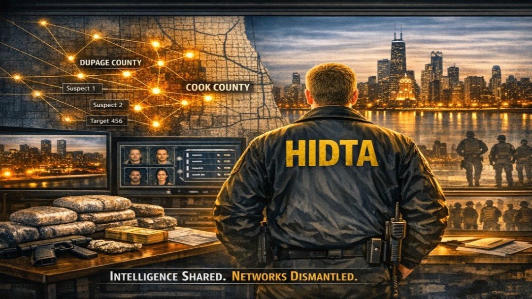 HIDTA agent stands with back to camera in a high-tech command center, monitoring maps, screens, and a city skyline behind him.