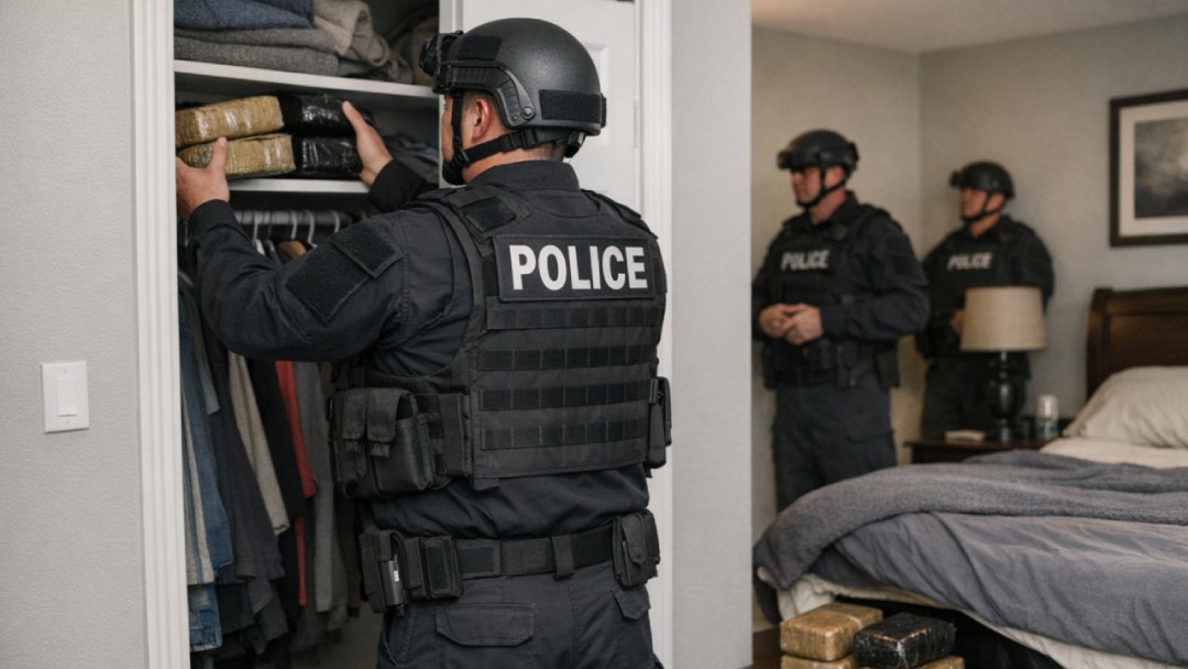 Police officers in tactical gear search a closet in a bedroom.