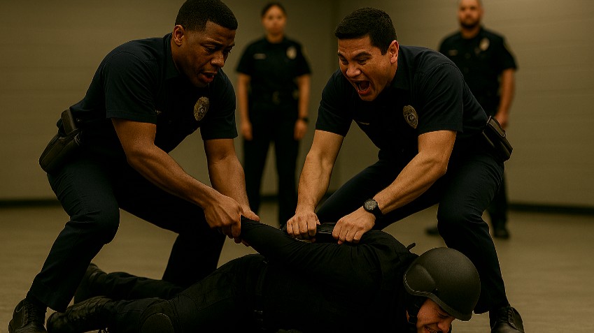 Two officers restrain a person lying on the floor during a training drill, with observers in the background.
